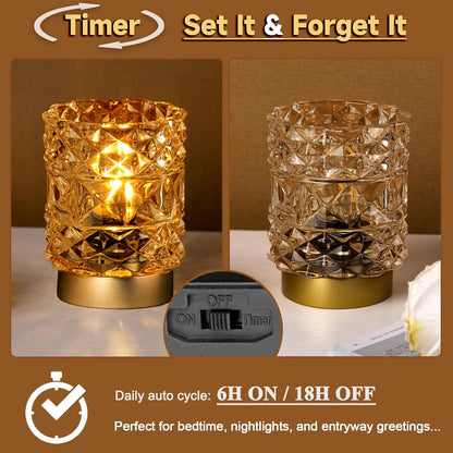 Battery Operated Lamp with Timer, Cordless Table Lamps for Shelf Decor, Rhombus Texture Aesthetic Crystal Lamp, Small Decorative Lamps for Bedroom/Bathroom/Kitchen/Entryway/Dorm (2 Pack Yellow)