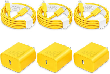 20W Fast Charger for iPhone 14/13/12 [3-Pack, MFi Certified] | USB-C PD power adapter with 10Ft cable, compatible with iPhone 14/13/12/11/Pro Max/Pro/Plus/Mini, iPad & more - Yellow