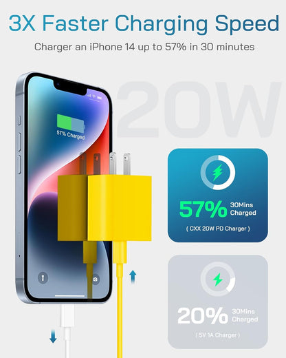 20W Fast Charger for iPhone 14/13/12 [3-Pack, MFi Certified] | USB-C PD power adapter with 10Ft cable, compatible with iPhone 14/13/12/11/Pro Max/Pro/Plus/Mini, iPad & more - Yellow
