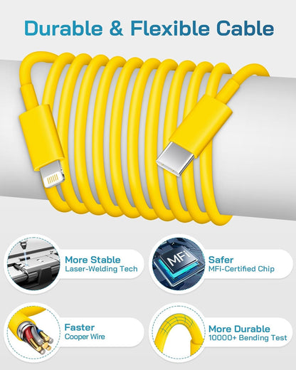20W Fast Charger for iPhone 14/13/12 [3-Pack, MFi Certified] | USB-C PD power adapter with 10Ft cable, compatible with iPhone 14/13/12/11/Pro Max/Pro/Plus/Mini, iPad & more - Yellow