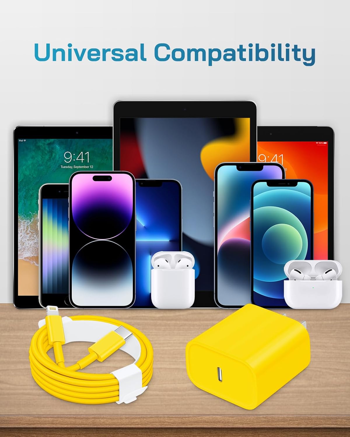 20W Fast Charger for iPhone 14/13/12 [3-Pack, MFi Certified] | USB-C PD power adapter with 10Ft cable, compatible with iPhone 14/13/12/11/Pro Max/Pro/Plus/Mini, iPad & more - Yellow