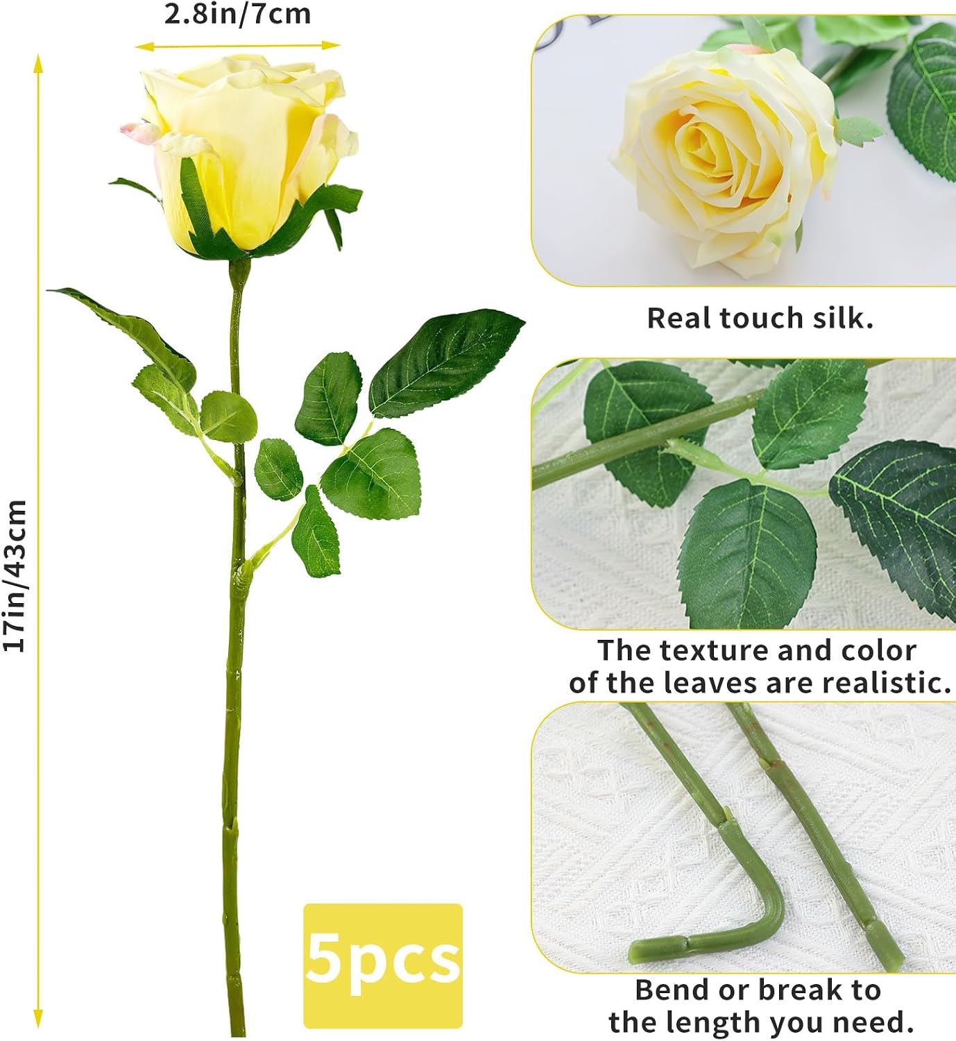 5Pcs Yellow Real Touch Latex Roses Wedding Centerpiece Home Decor | Real-touch yellow latex roses.Lifelike petals,bendable stems.Perfect for wedding centerpiece,vase,or DIY bouquet. No watering