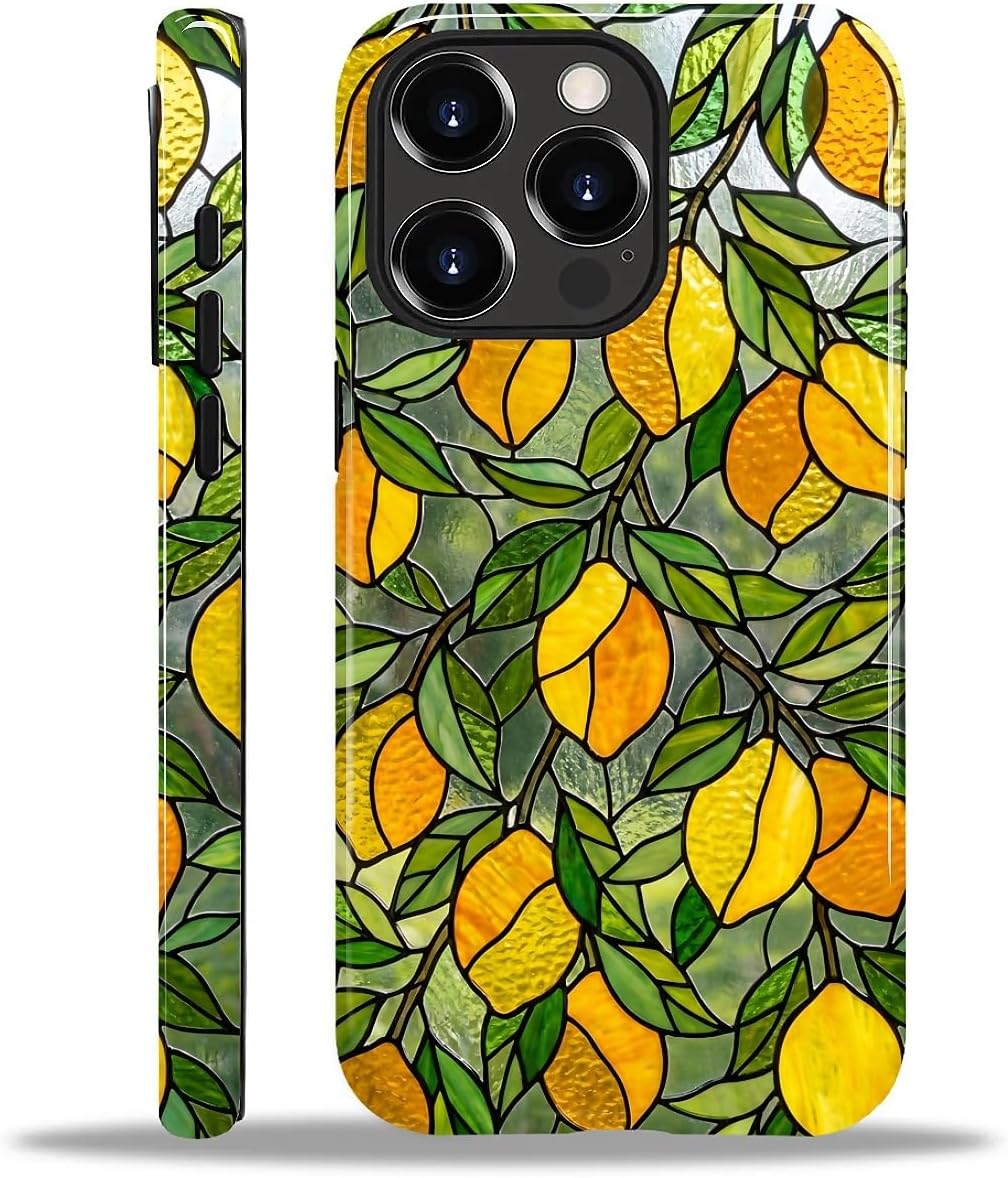 Case Compatible with iPhone 14 Pro, Cute Dual Layer Hybrid Phone Cover, Military Grade Drop Protection, Aesthetic Shockproof Phone Case for Women Girls, Stained Glass Summer Lemon