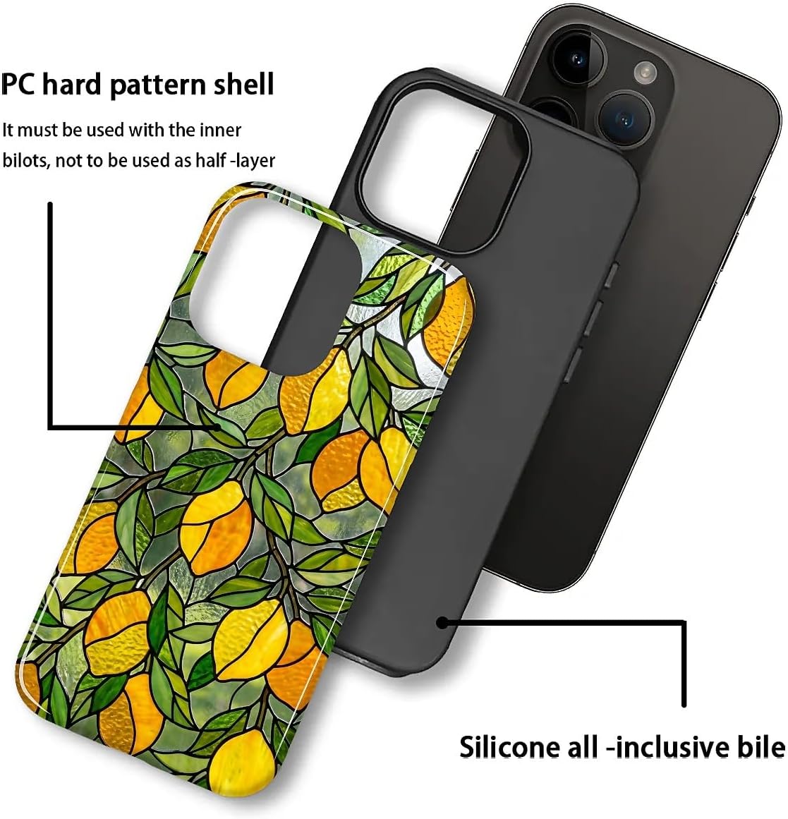 Case Compatible with iPhone 14 Pro, Cute Dual Layer Hybrid Phone Cover, Military Grade Drop Protection, Aesthetic Shockproof Phone Case for Women Girls, Stained Glass Summer Lemon