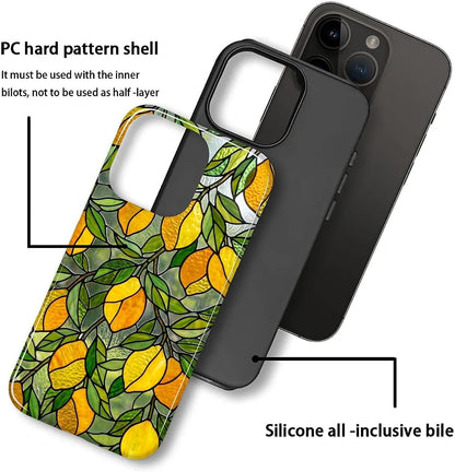 Case Compatible with iPhone 14 Pro, Cute Dual Layer Hybrid Phone Cover, Military Grade Drop Protection, Aesthetic Shockproof Phone Case for Women Girls, Stained Glass Summer Lemon