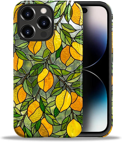 Case Compatible with iPhone 14 Pro, Cute Dual Layer Hybrid Phone Cover, Military Grade Drop Protection, Aesthetic Shockproof Phone Case for Women Girls, Stained Glass Summer Lemon