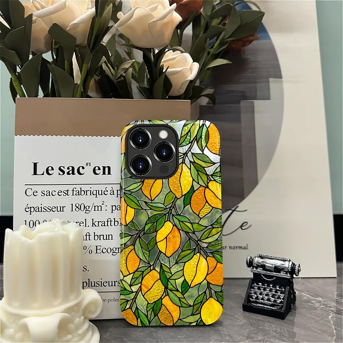 Case Compatible with iPhone 14 Pro, Cute Dual Layer Hybrid Phone Cover, Military Grade Drop Protection, Aesthetic Shockproof Phone Case for Women Girls, Stained Glass Summer Lemon