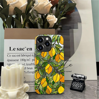 Case Compatible with iPhone 14 Pro, Cute Dual Layer Hybrid Phone Cover, Military Grade Drop Protection, Aesthetic Shockproof Phone Case for Women Girls, Stained Glass Summer Lemon
