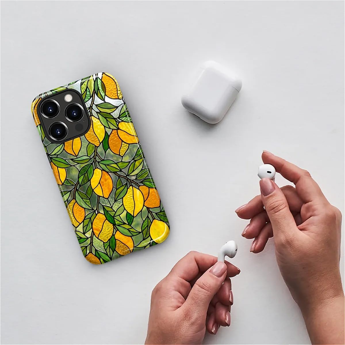 Case Compatible with iPhone 14 Pro, Cute Dual Layer Hybrid Phone Cover, Military Grade Drop Protection, Aesthetic Shockproof Phone Case for Women Girls, Stained Glass Summer Lemon