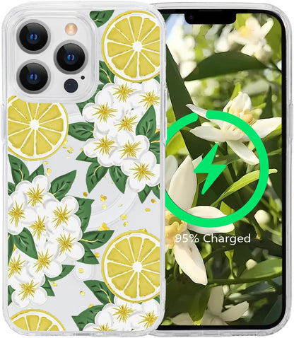 for iPhone 13 Pro Max Flower Magnetic Case Compatible with MagSafe Floral Pattern Clear Shockproof PC Back Soft TPU Edge Slim Cover for Girls Women iPhone 13 Pro Max 6.7'', Lemon Flower