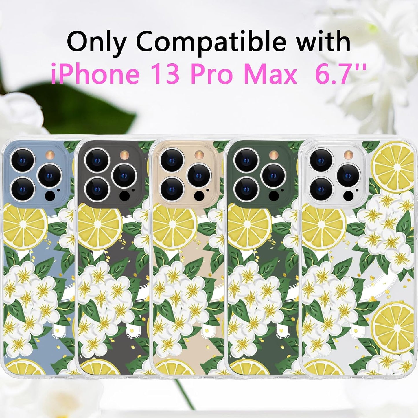 for iPhone 13 Pro Max Flower Magnetic Case Compatible with MagSafe Floral Pattern Clear Shockproof PC Back Soft TPU Edge Slim Cover for Girls Women iPhone 13 Pro Max 6.7'', Lemon Flower