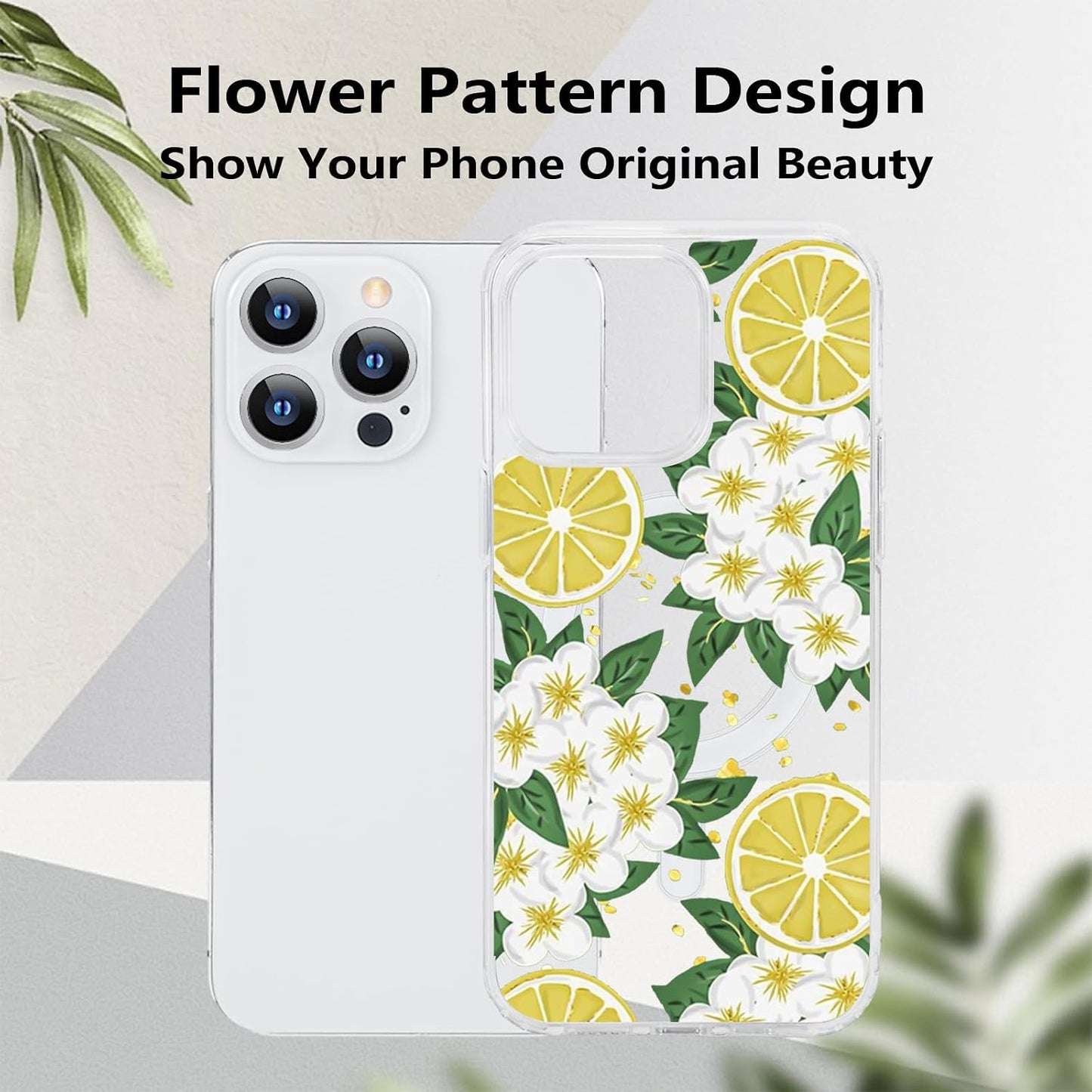 for iPhone 13 Pro Max Flower Magnetic Case Compatible with MagSafe Floral Pattern Clear Shockproof PC Back Soft TPU Edge Slim Cover for Girls Women iPhone 13 Pro Max 6.7'', Lemon Flower