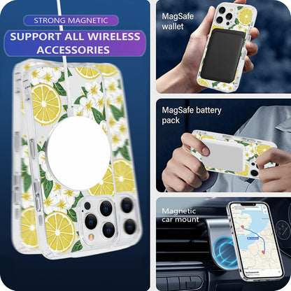 for iPhone 13 Pro Max Flower Magnetic Case Compatible with MagSafe Floral Pattern Clear Shockproof PC Back Soft TPU Edge Slim Cover for Girls Women iPhone 13 Pro Max 6.7'', Lemon Flower