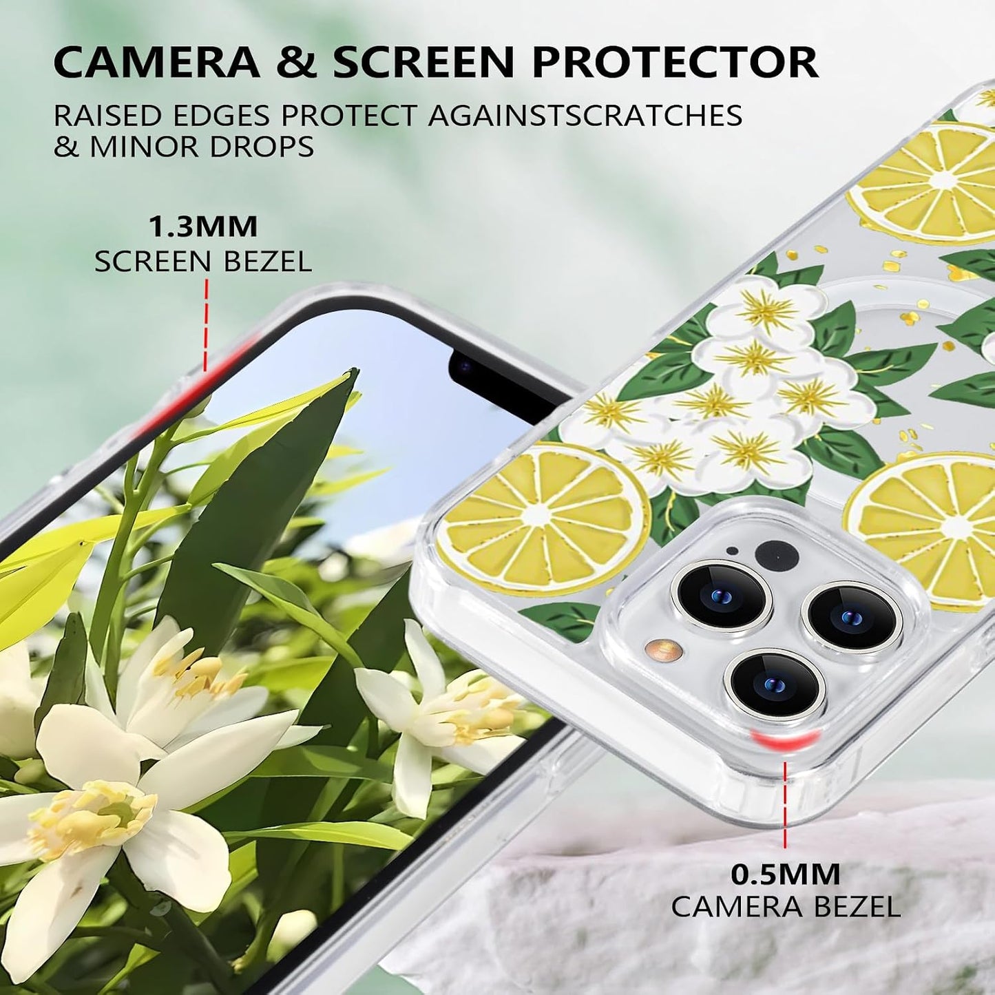 for iPhone 13 Pro Max Flower Magnetic Case Compatible with MagSafe Floral Pattern Clear Shockproof PC Back Soft TPU Edge Slim Cover for Girls Women iPhone 13 Pro Max 6.7'', Lemon Flower