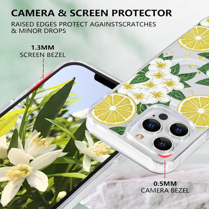 for iPhone 13 Pro Max Flower Magnetic Case Compatible with MagSafe Floral Pattern Clear Shockproof PC Back Soft TPU Edge Slim Cover for Girls Women iPhone 13 Pro Max 6.7'', Lemon Flower