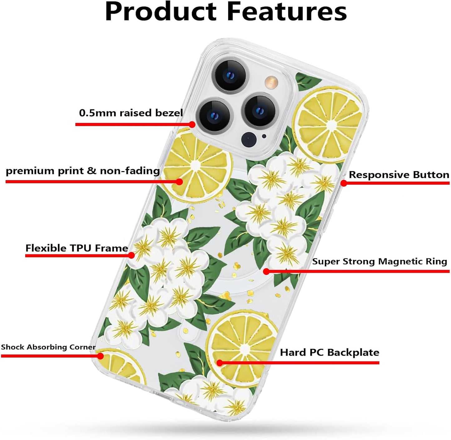 for iPhone 13 Pro Max Flower Magnetic Case Compatible with MagSafe Floral Pattern Clear Shockproof PC Back Soft TPU Edge Slim Cover for Girls Women iPhone 13 Pro Max 6.7'', Lemon Flower