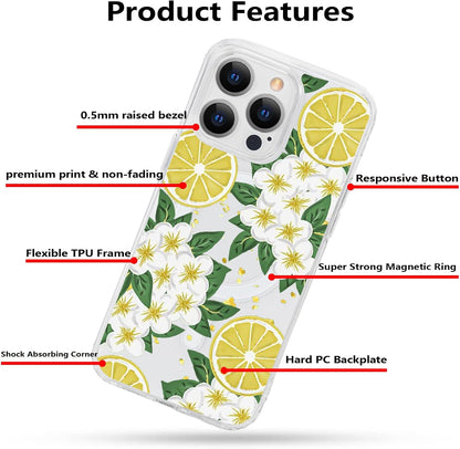 for iPhone 13 Pro Max Flower Magnetic Case Compatible with MagSafe Floral Pattern Clear Shockproof PC Back Soft TPU Edge Slim Cover for Girls Women iPhone 13 Pro Max 6.7'', Lemon Flower