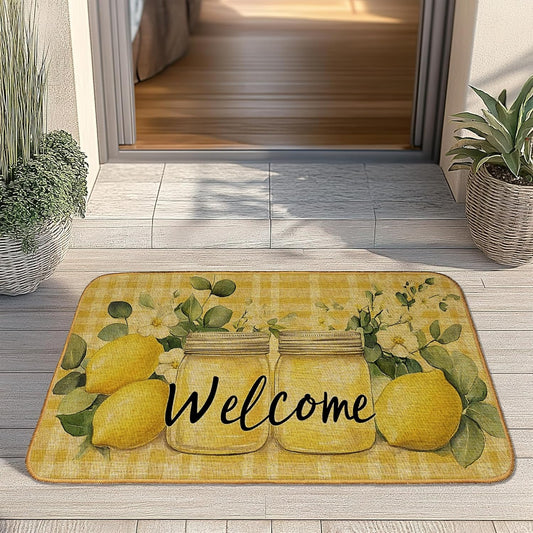 Lemon Door Mat, Non-Slip Welcome Front Doormat for Porch Entrance, Low Profile Rug for Indoor, Summer Home Decor