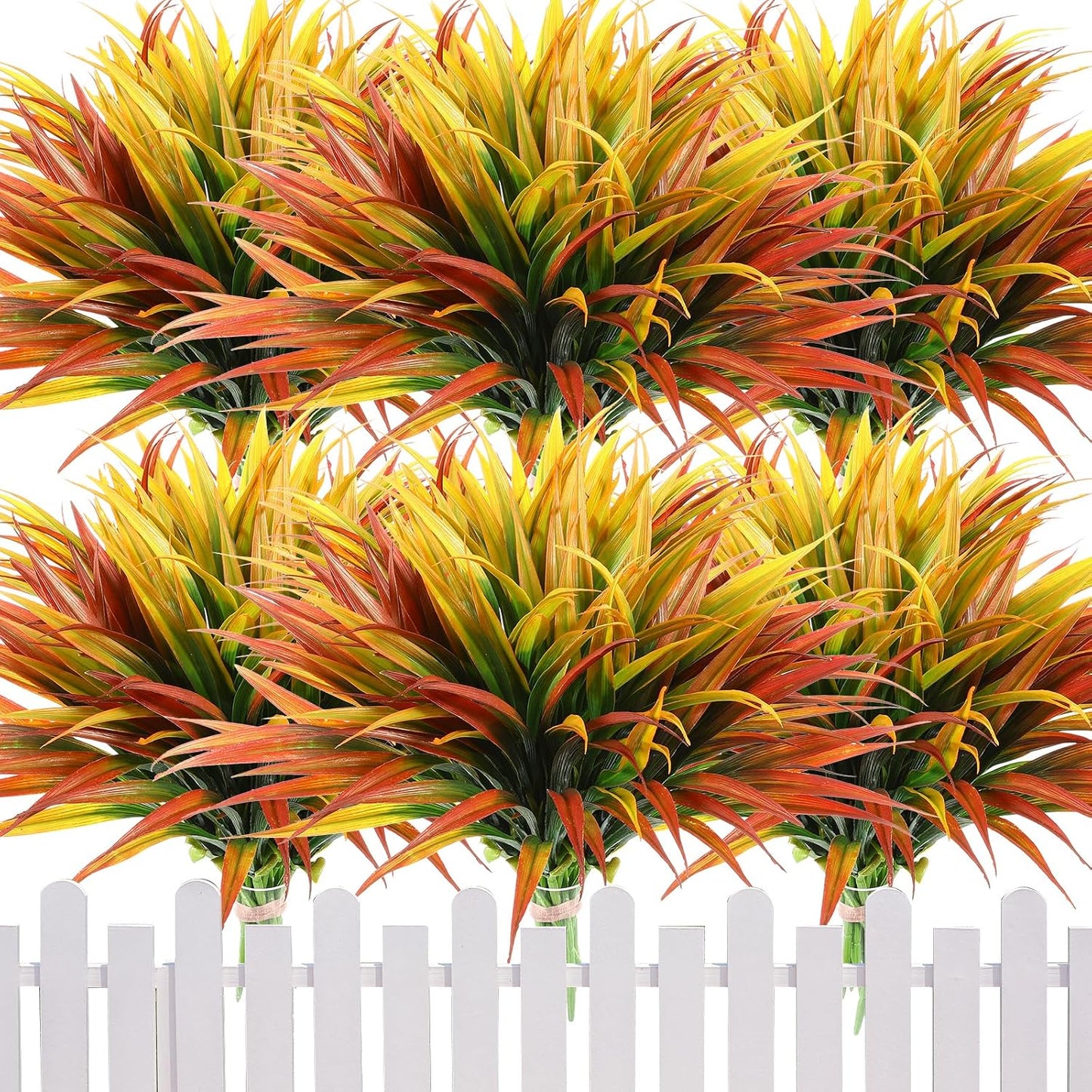 16 Pieces 17 in Artificial Tall Grass Plastic Fake Outdoors Plants Faux Bushes UV Resistant Greenery Shrubs for Home Garden Pathway Front Porch Decor (Yellow,Orange Red)