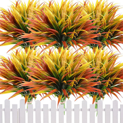 16 Pieces 17 in Artificial Tall Grass Plastic Fake Outdoors Plants Faux Bushes UV Resistant Greenery Shrubs for Home Garden Pathway Front Porch Decor (Yellow,Orange Red)