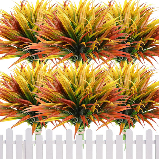 16 Pieces 17 in Artificial Tall Grass Plastic Fake Outdoors Plants Faux Bushes UV Resistant Greenery Shrubs for Home Garden Pathway Front Porch Decor (Yellow,Orange Red)