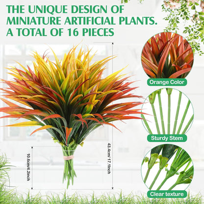 16 Pieces 17 in Artificial Tall Grass Plastic Fake Outdoors Plants Faux Bushes UV Resistant Greenery Shrubs for Home Garden Pathway Front Porch Decor (Yellow,Orange Red)