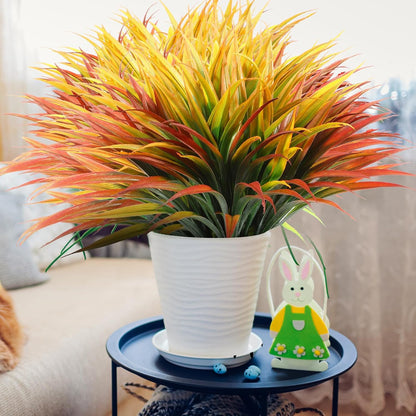 16 Pieces 17 in Artificial Tall Grass Plastic Fake Outdoors Plants Faux Bushes UV Resistant Greenery Shrubs for Home Garden Pathway Front Porch Decor (Yellow,Orange Red)