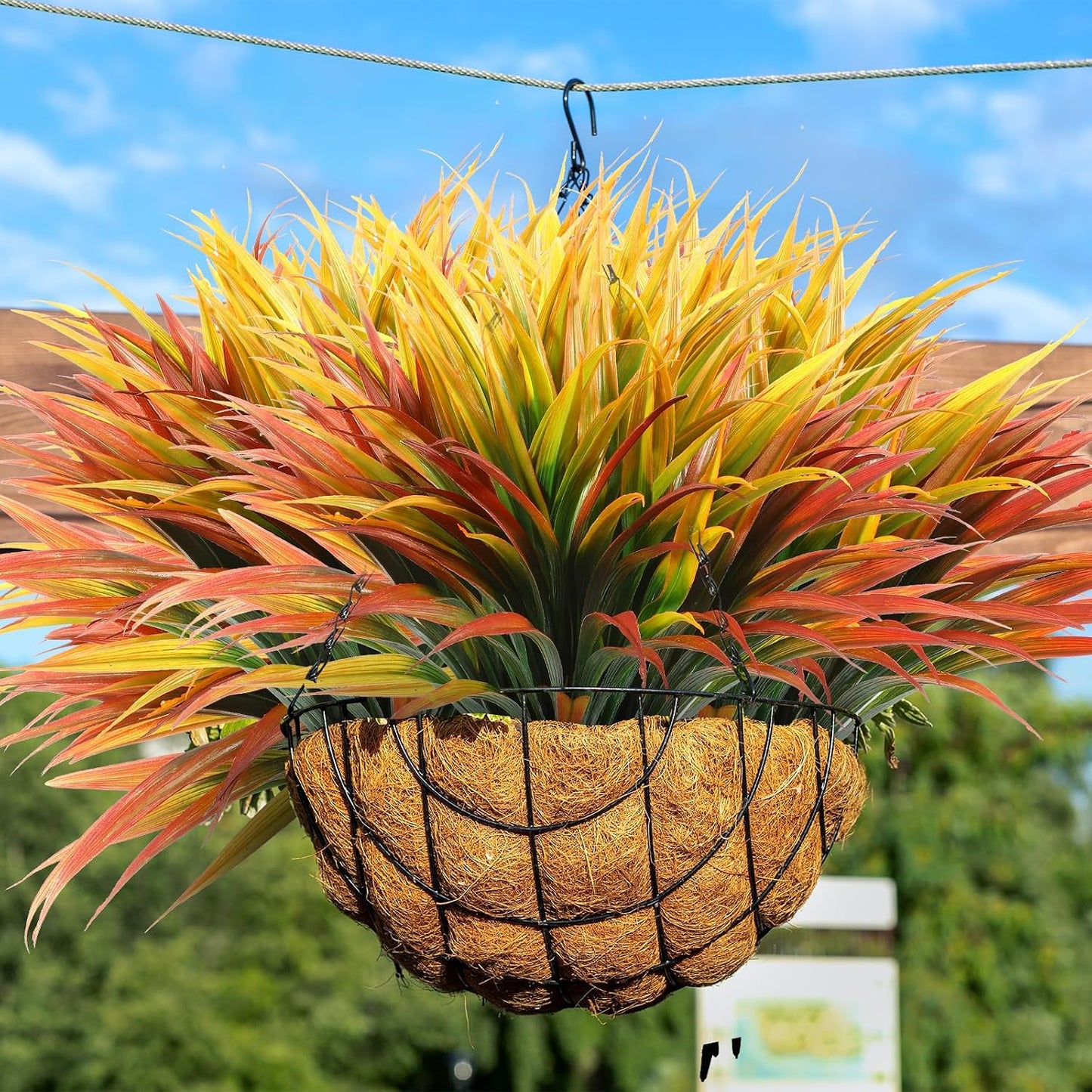 16 Pieces 17 in Artificial Tall Grass Plastic Fake Outdoors Plants Faux Bushes UV Resistant Greenery Shrubs for Home Garden Pathway Front Porch Decor (Yellow,Orange Red)