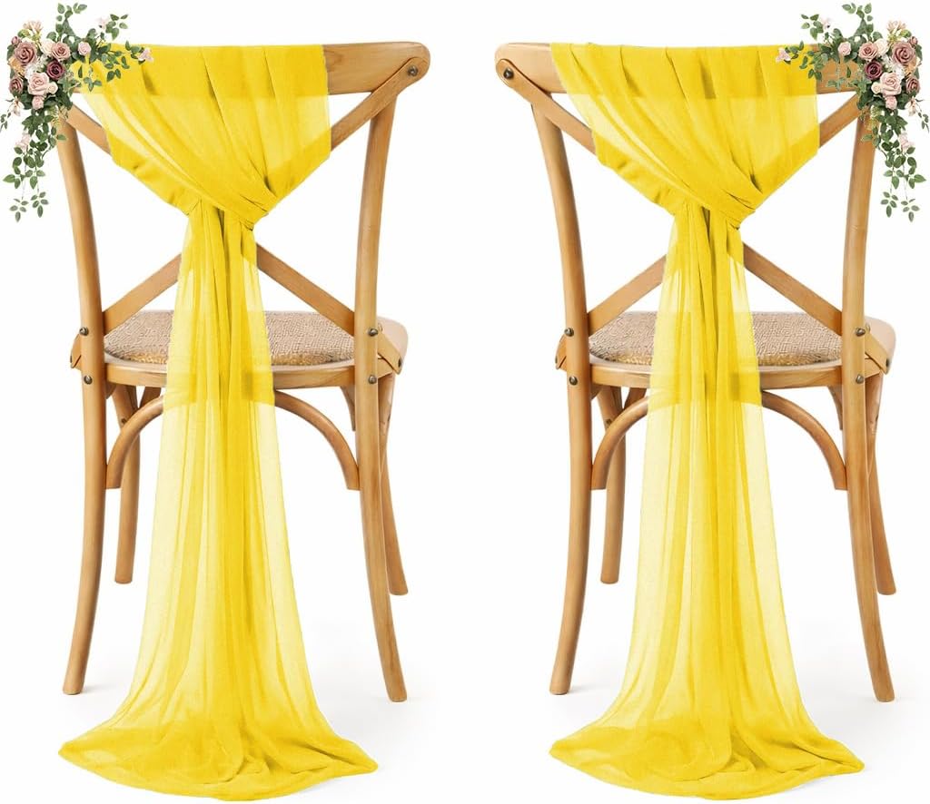 ® Pack of 10 Chiffon Chair Sashes Bows for Wedding Events Supplies, Decorations for Birthday Party, Graduation, Engagement, Chair Sashes fits Banquet Chair Cover Tie Back Band - Yellow
