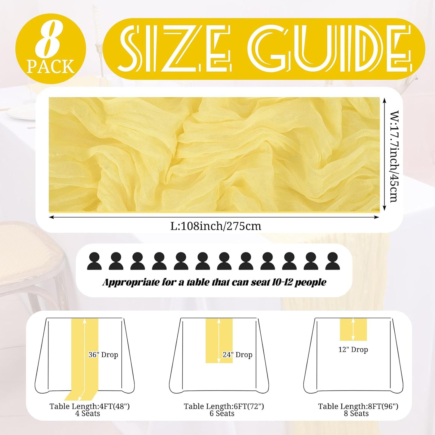 8 Pack Yellow Cheesecloth Table Runner 17 x 108 Inch Boho Cheese Cloth Table Runners Semi Sheer Gauze Table Runners for Wedding Bridal Baby Shower Party Rustic Farmhouse Decoration