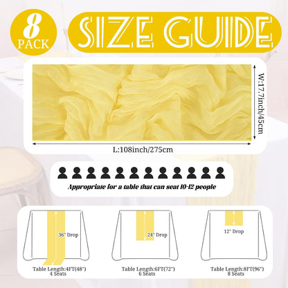 8 Pack Yellow Cheesecloth Table Runner 17 x 108 Inch Boho Cheese Cloth Table Runners Semi Sheer Gauze Table Runners for Wedding Bridal Baby Shower Party Rustic Farmhouse Decoration