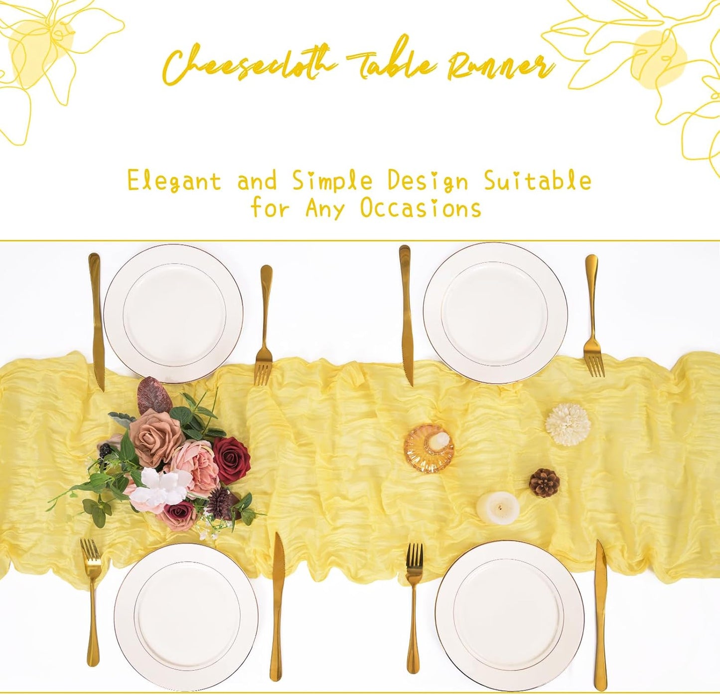 8 Pack Yellow Cheesecloth Table Runner 17 x 108 Inch Boho Cheese Cloth Table Runners Semi Sheer Gauze Table Runners for Wedding Bridal Baby Shower Party Rustic Farmhouse Decoration