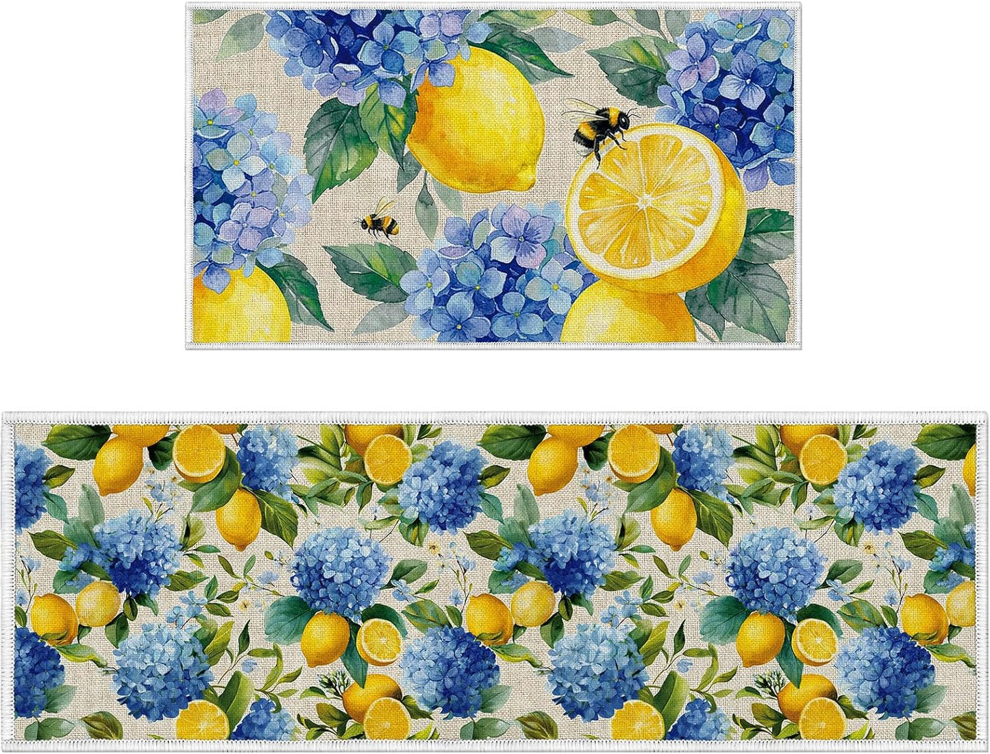 Lemon Kitchen Rugs Decor, Lemon Summer Kitchen Mats Runner Set of 2 No-Slip, Hydrangea Flowers Absorbent Washable Floor Mats(16 X 28 +16 X 47 Inches)