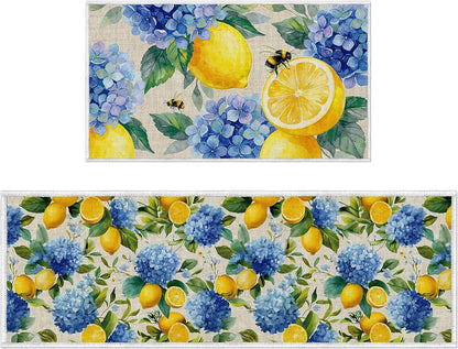 Lemon Kitchen Rugs Decor, Lemon Summer Kitchen Mats Runner Set of 2 No-Slip, Hydrangea Flowers Absorbent Washable Floor Mats(16 X 28 +16 X 47 Inches)