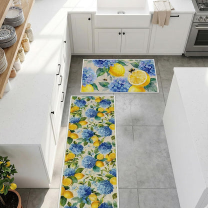 Lemon Kitchen Rugs Decor, Lemon Summer Kitchen Mats Runner Set of 2 No-Slip, Hydrangea Flowers Absorbent Washable Floor Mats(16 X 28 +16 X 47 Inches)