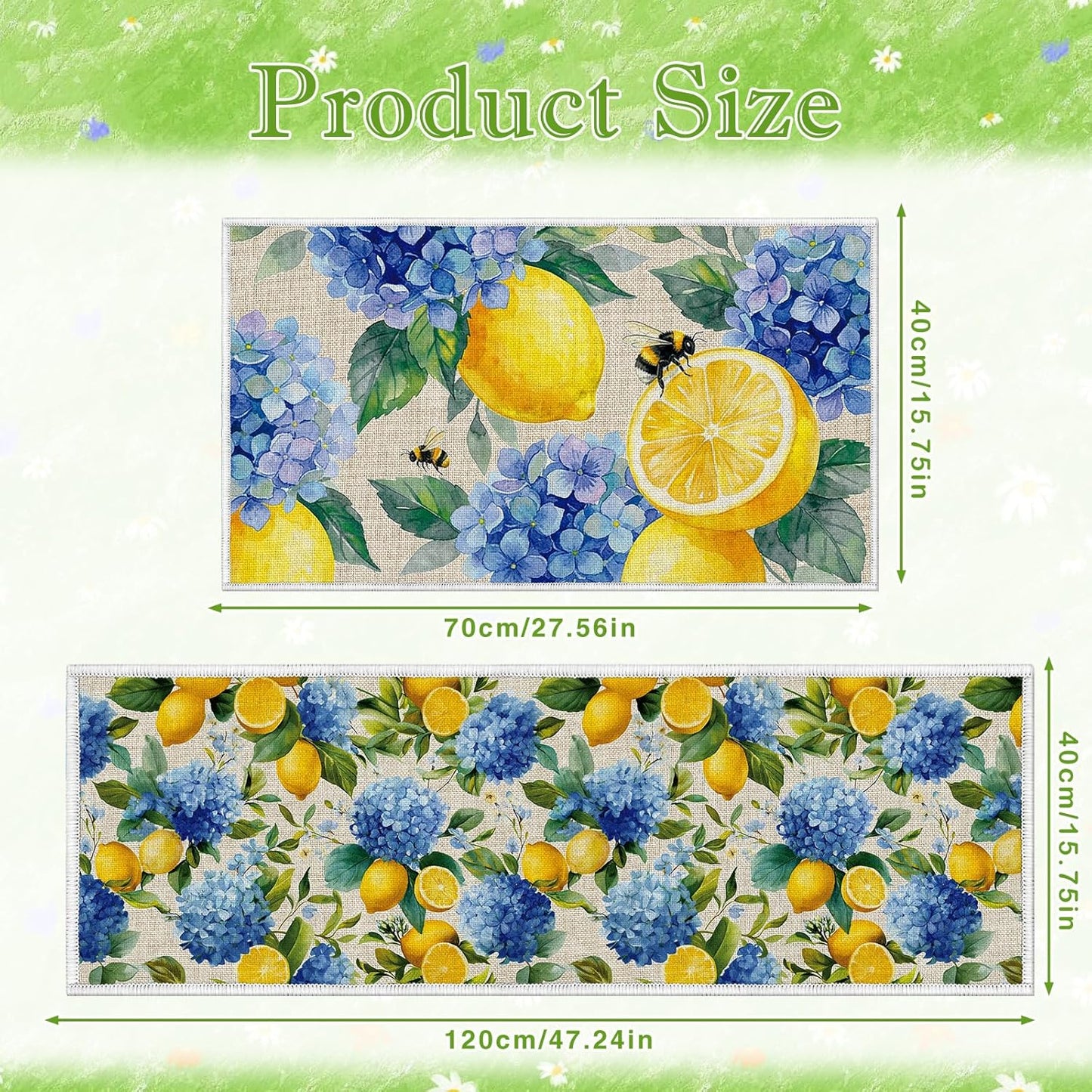 Lemon Kitchen Rugs Decor, Lemon Summer Kitchen Mats Runner Set of 2 No-Slip, Hydrangea Flowers Absorbent Washable Floor Mats(16 X 28 +16 X 47 Inches)