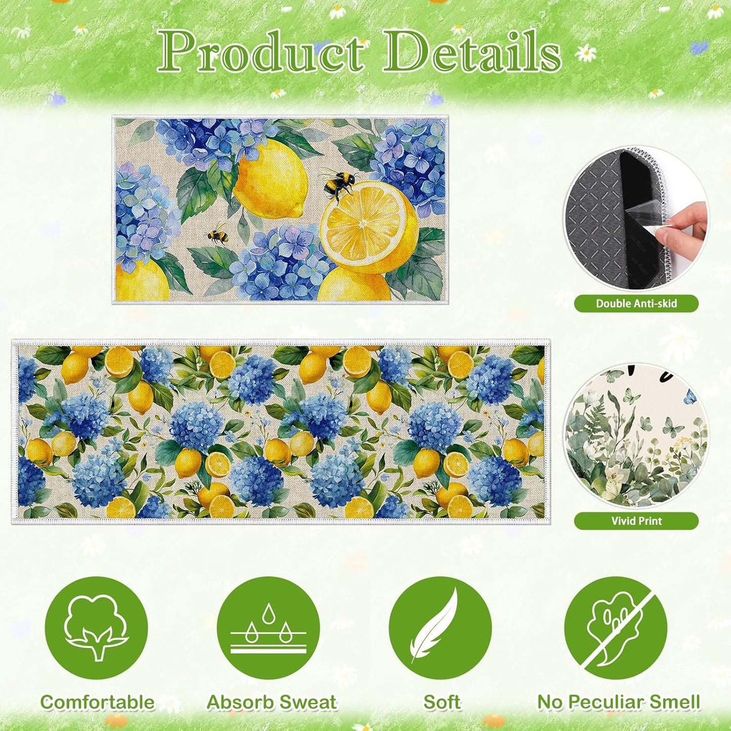 Lemon Kitchen Rugs Decor, Lemon Summer Kitchen Mats Runner Set of 2 No-Slip, Hydrangea Flowers Absorbent Washable Floor Mats(16 X 28 +16 X 47 Inches)