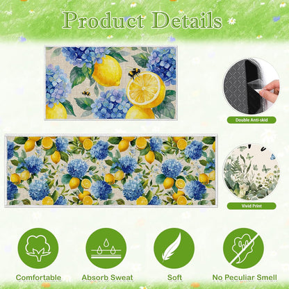 Lemon Kitchen Rugs Decor, Lemon Summer Kitchen Mats Runner Set of 2 No-Slip, Hydrangea Flowers Absorbent Washable Floor Mats(16 X 28 +16 X 47 Inches)