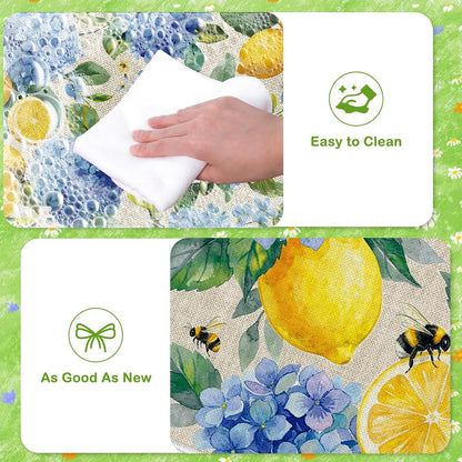 Lemon Kitchen Rugs Decor, Lemon Summer Kitchen Mats Runner Set of 2 No-Slip, Hydrangea Flowers Absorbent Washable Floor Mats(16 X 28 +16 X 47 Inches)