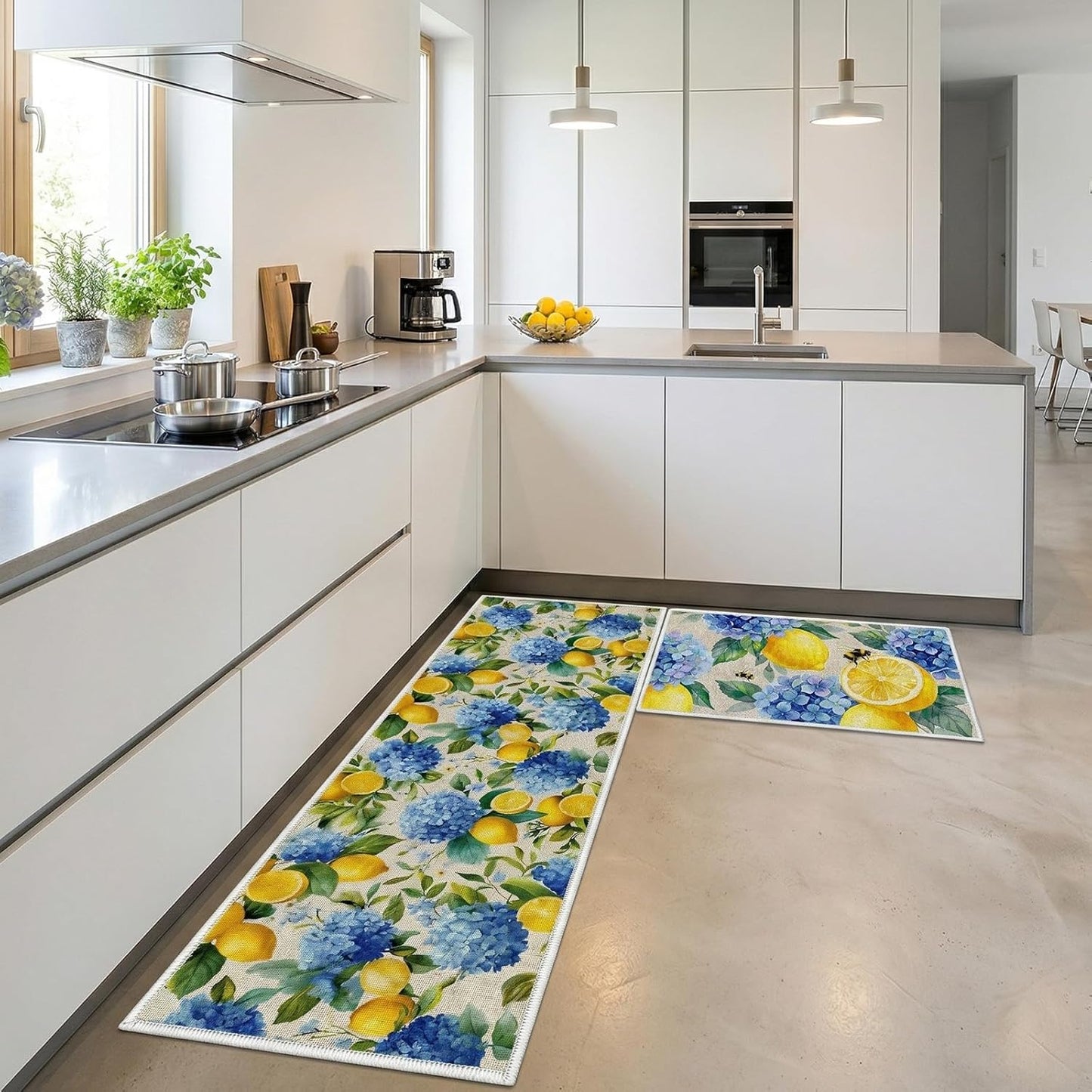 Lemon Kitchen Rugs Decor, Lemon Summer Kitchen Mats Runner Set of 2 No-Slip, Hydrangea Flowers Absorbent Washable Floor Mats(16 X 28 +16 X 47 Inches)