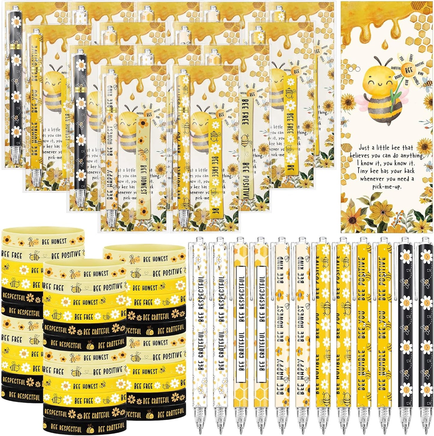 108 Pcs Back to School Gifts Inspirational Bee Pens Cute Ballpoint Pens Bee Bracelets with Motivational Bookmarks Thank You Gifts for Students Teacher Team Coworker Staff Office Party Favors