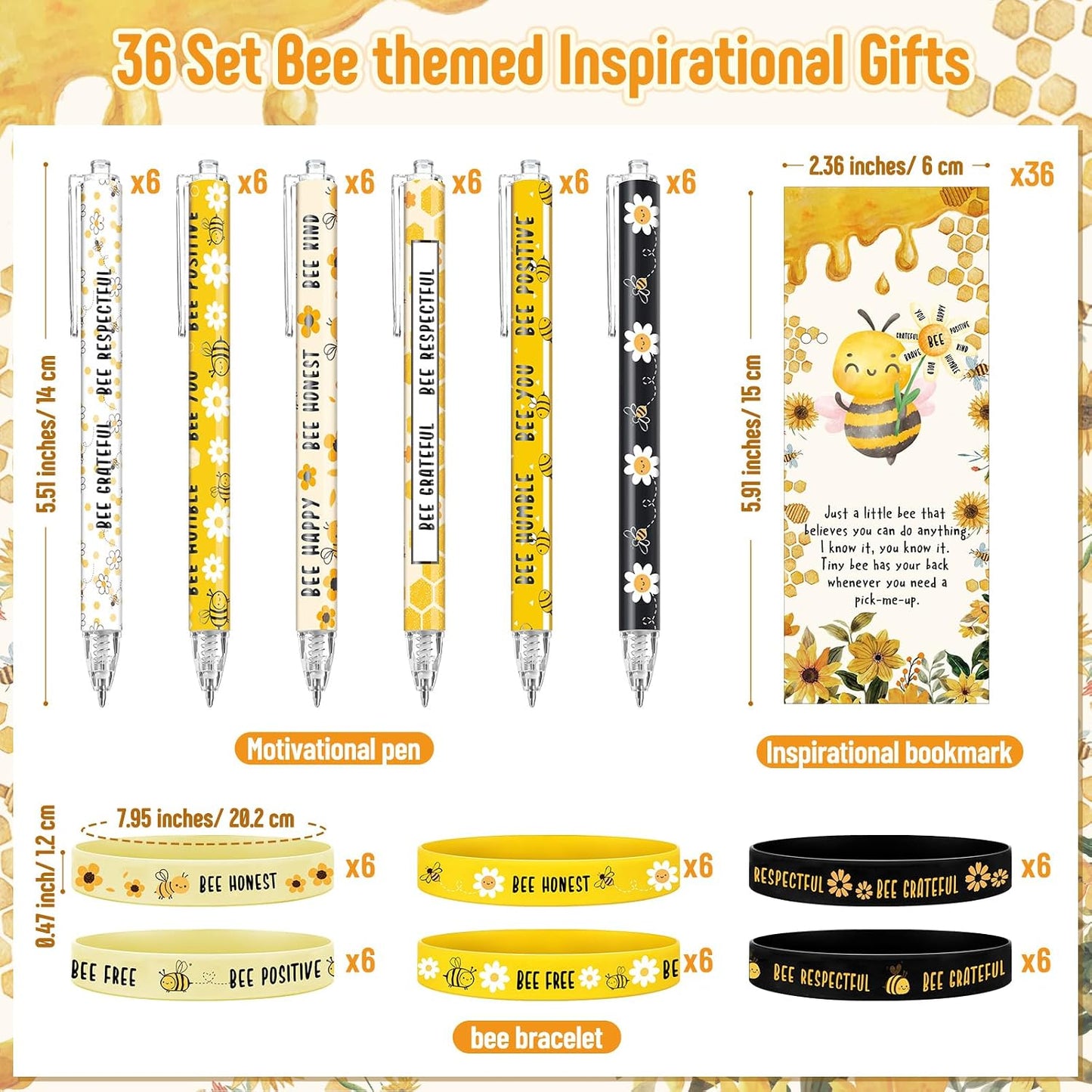 108 Pcs Back to School Gifts Inspirational Bee Pens Cute Ballpoint Pens Bee Bracelets with Motivational Bookmarks Thank You Gifts for Students Teacher Team Coworker Staff Office Party Favors
