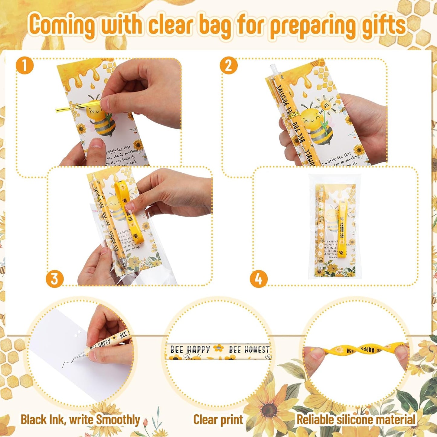 108 Pcs Back to School Gifts Inspirational Bee Pens Cute Ballpoint Pens Bee Bracelets with Motivational Bookmarks Thank You Gifts for Students Teacher Team Coworker Staff Office Party Favors