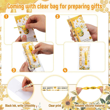 108 Pcs Back to School Gifts Inspirational Bee Pens Cute Ballpoint Pens Bee Bracelets with Motivational Bookmarks Thank You Gifts for Students Teacher Team Coworker Staff Office Party Favors