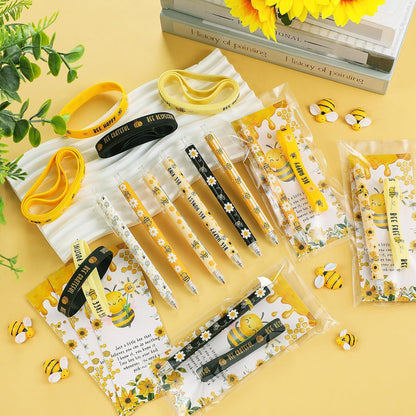 108 Pcs Back to School Gifts Inspirational Bee Pens Cute Ballpoint Pens Bee Bracelets with Motivational Bookmarks Thank You Gifts for Students Teacher Team Coworker Staff Office Party Favors