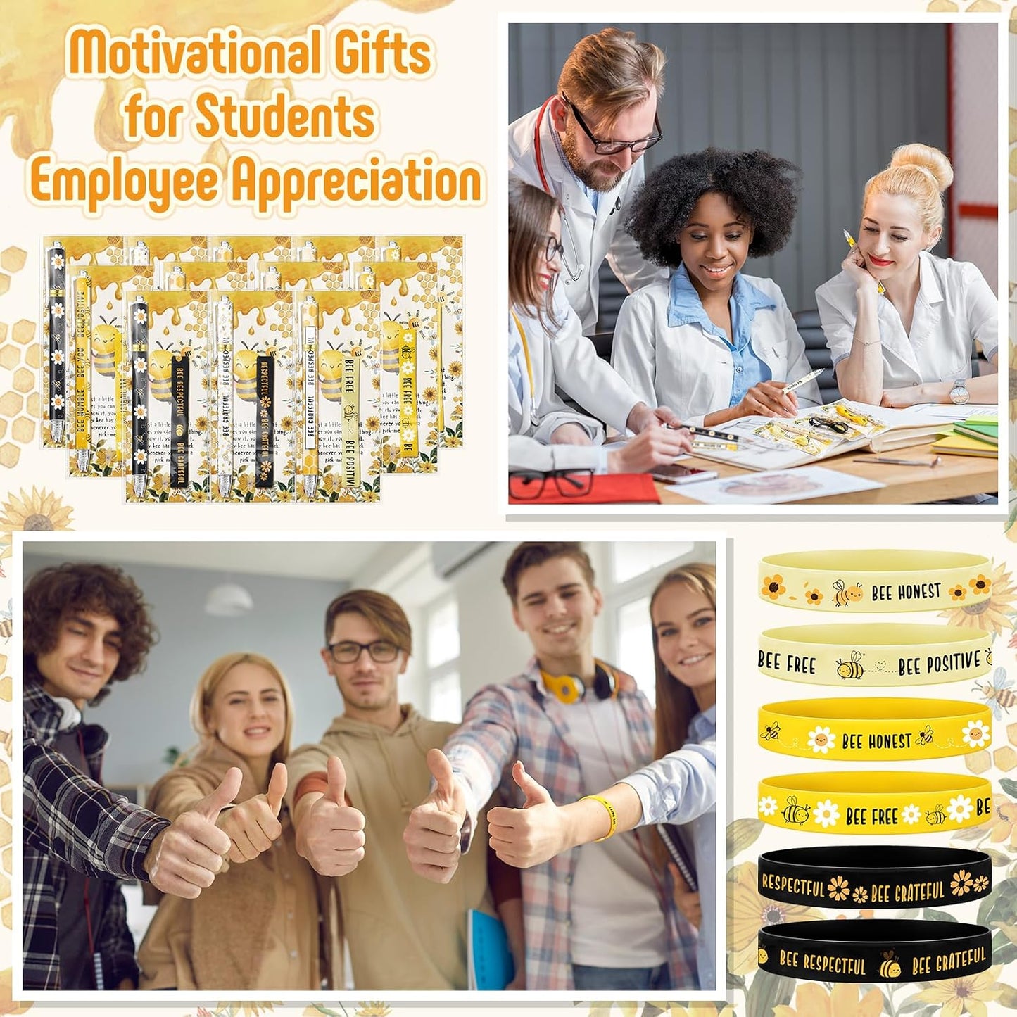 108 Pcs Back to School Gifts Inspirational Bee Pens Cute Ballpoint Pens Bee Bracelets with Motivational Bookmarks Thank You Gifts for Students Teacher Team Coworker Staff Office Party Favors