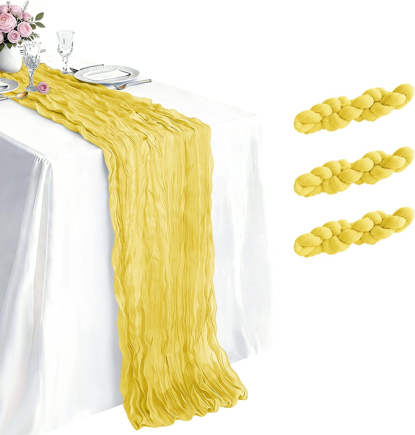 3 Pack Yellow Cheesecloth Table Runner 21 x 120 Inch Boho Gauze Sheer Table Runner 10FT Long for Wedding Baby Shower Bridal Shower Easter Holiday Birthday Home Decor