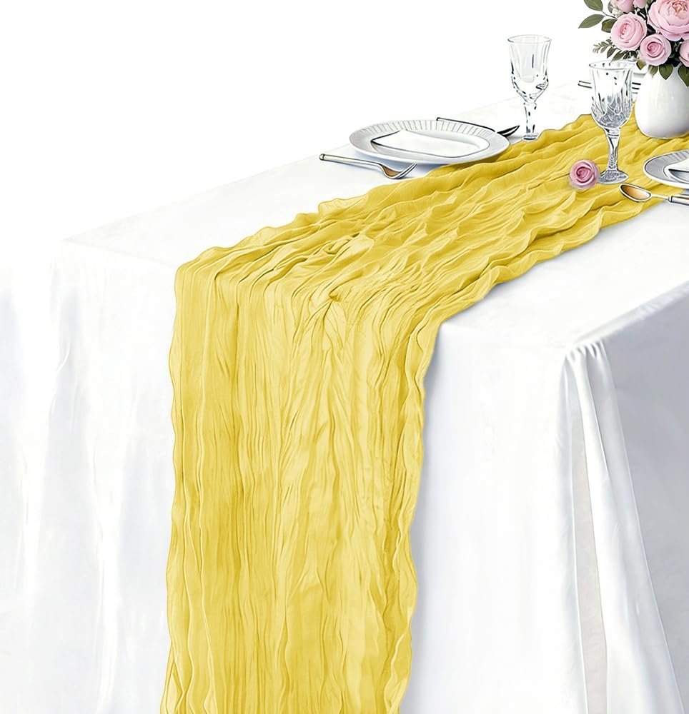 3 Pack Yellow Cheesecloth Table Runner 21 x 120 Inch Boho Gauze Sheer Table Runner 10FT Long for Wedding Baby Shower Bridal Shower Easter Holiday Birthday Home Decor