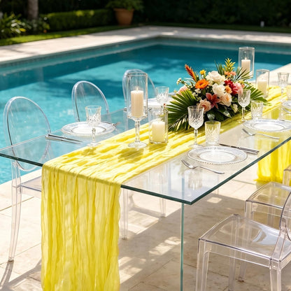 3 Pack Yellow Cheesecloth Table Runner 21 x 120 Inch Boho Gauze Sheer Table Runner 10FT Long for Wedding Baby Shower Bridal Shower Easter Holiday Birthday Home Decor