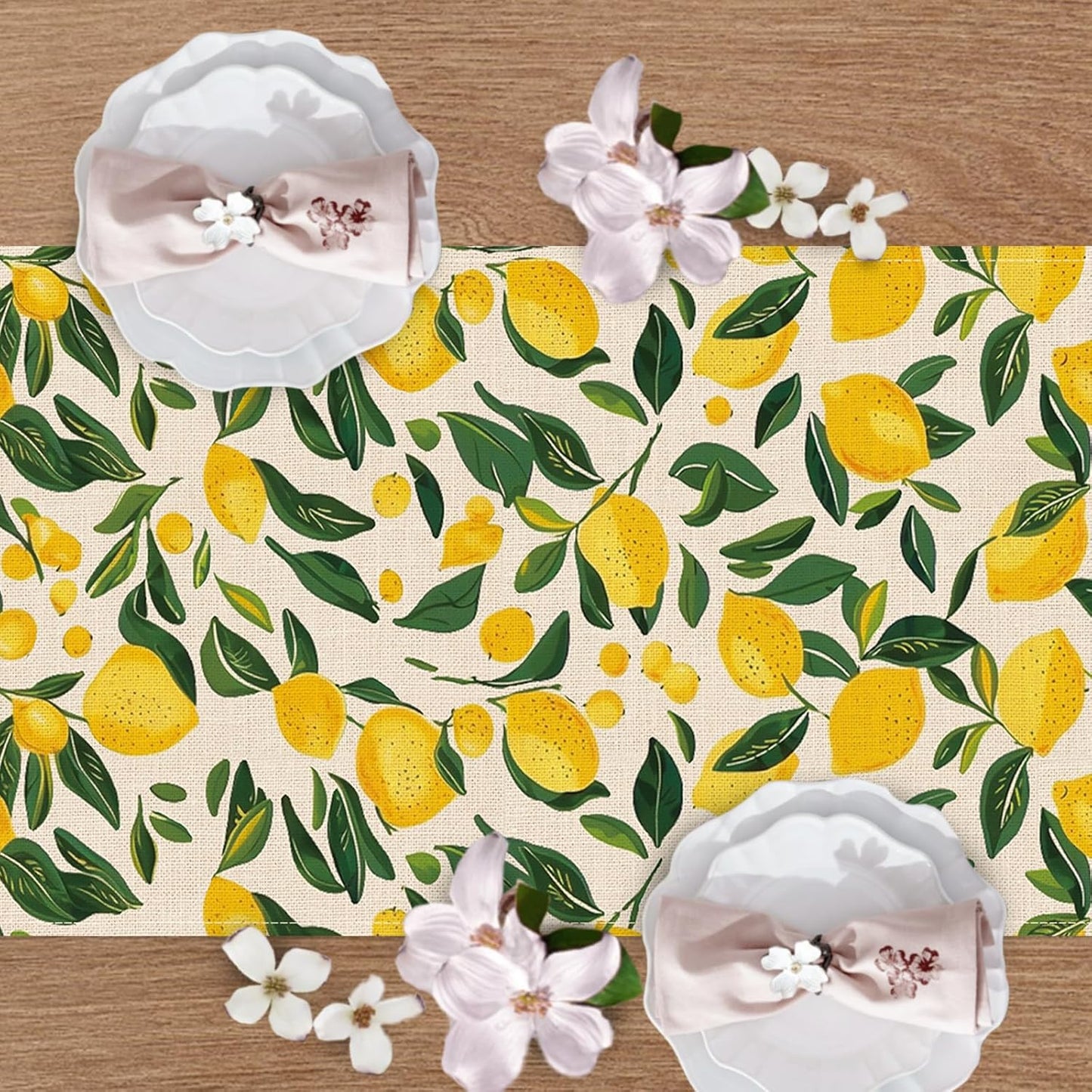 Lemon Dining Table Runner, Spring Summer Citrus Fruit Burlap Kitchen Decoration, Seasonal Indoor Outdoor Home Decor Party Supply 13 x 72 Inches